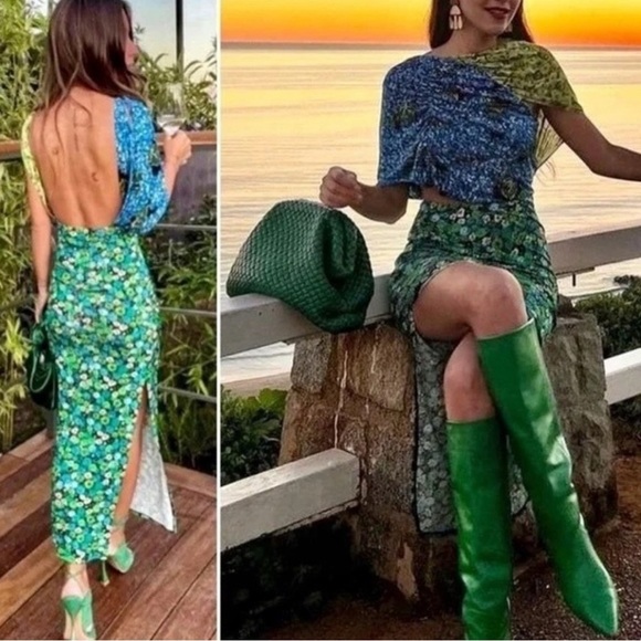 Zara Floral Midi Dress Stretch Asymmetrical Blue Green Print Blogger Fave SizeXS - Picture 14 of 16